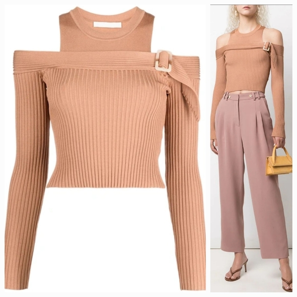 Jonathan Simkhai Mandy Cold Shoulder Sweater in Camel Small NWT - Picture 1 of 9